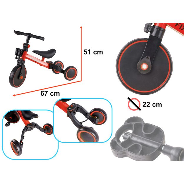 Vaikiškas balansinis triratis su pedalais, raudonas, Trike Fix mini 3in1 