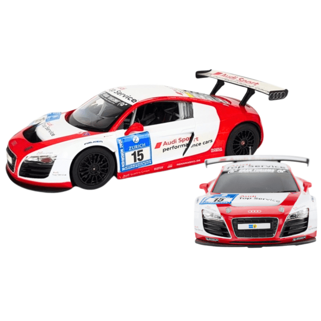 Nuotoliniu būdu valdomas sportinis AUDI R8 LMS automobilis, baltai raudonas