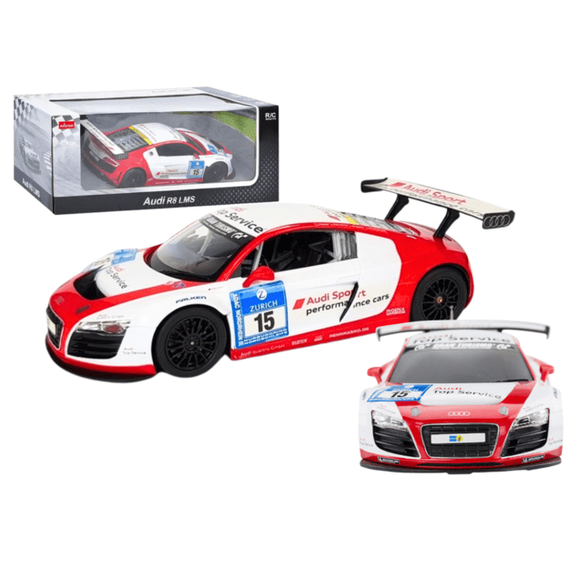 Nuotoliniu būdu valdomas sportinis AUDI R8 LMS automobilis, baltai raudonas