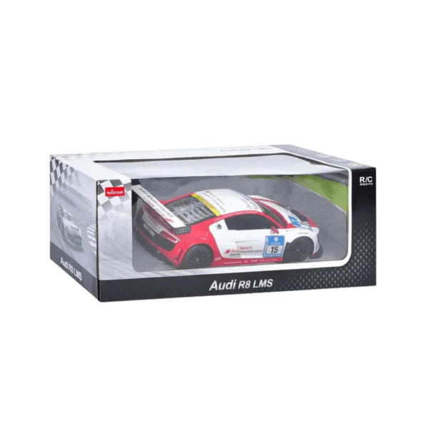 Nuotoliniu būdu valdomas sportinis AUDI R8 LMS automobilis, baltai raudonas