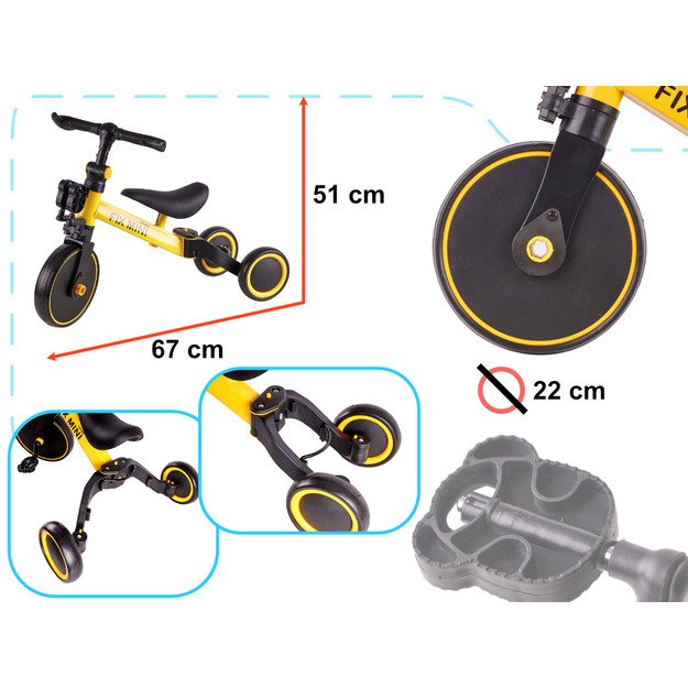 Vaikiškas balansinis triratis su pedalais, geltonas, Trike Fix mini 3in1 