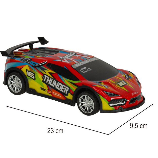 Nuotoliniu būdu valdomas sportinis automobilis su šviesos efektais, raudonas