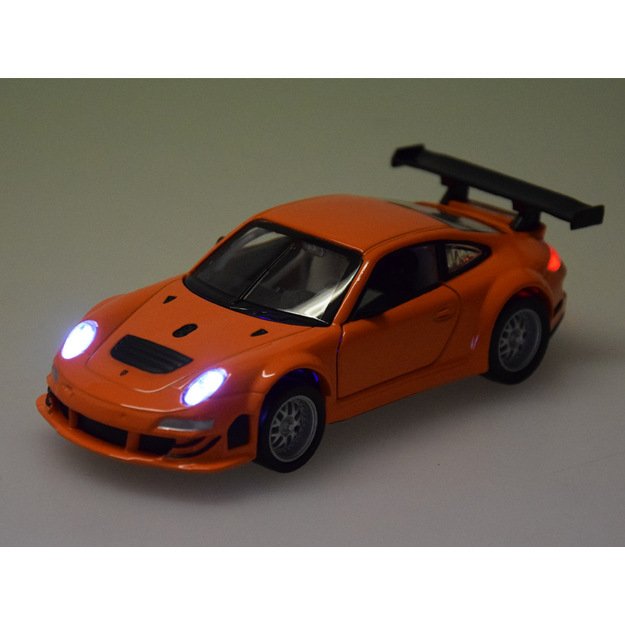 Metalinis modelis automobilis Porshe 911 GT3 RSR su šviesos ir garso efektais, oranžinis