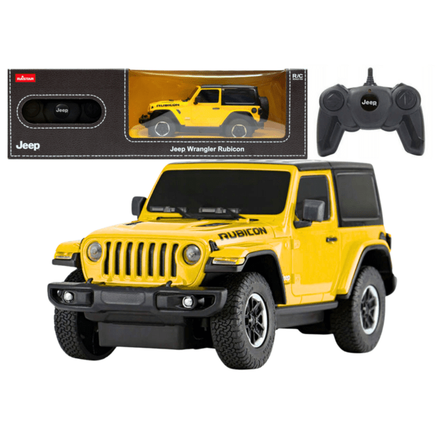 Nuotoliniu būdu valdomas JEEP Wrangler JL Rubicon automobilis, geltonas