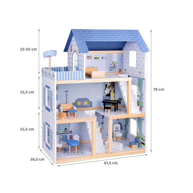 Medinis 3-jų aukštų lėlių namelis su baldais, mėlynas