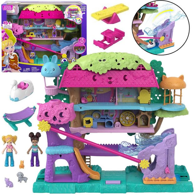 Žavingas medžio namelis su lėle ir gyvūnais „Mattel Polly Pocket“