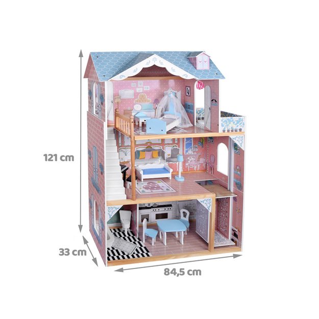 Gražus trijų aukštų medinis lėlių namelis su baldais