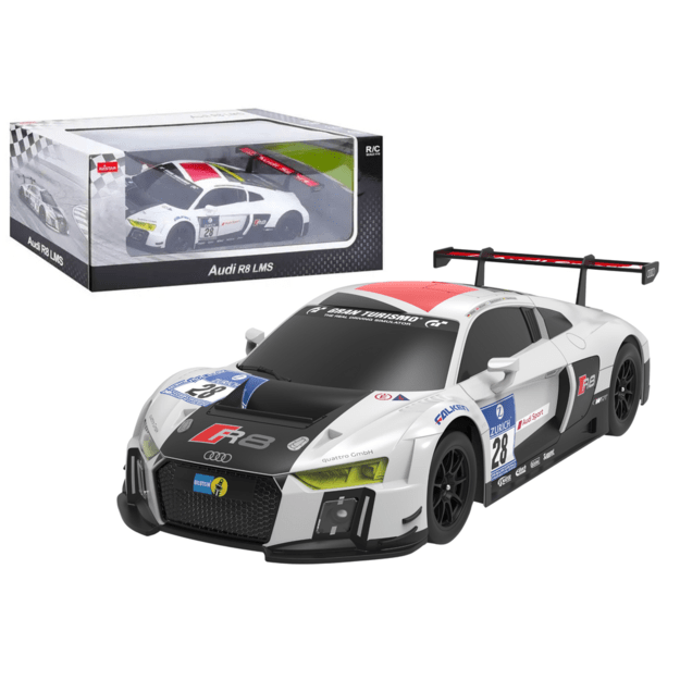 Nuotoliniu būdu valdomas sportinis AUDI R8 LMS automobilis, juodai baltas