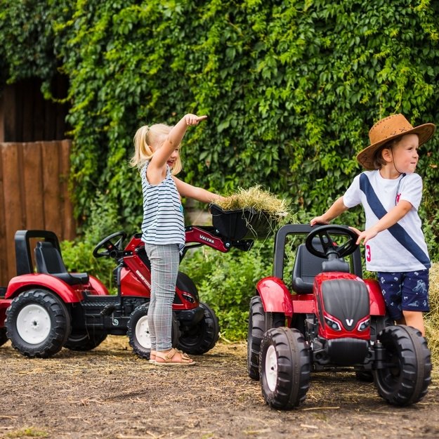 Pedalinis traktorius FALK Valtra su priekaba, raudonas