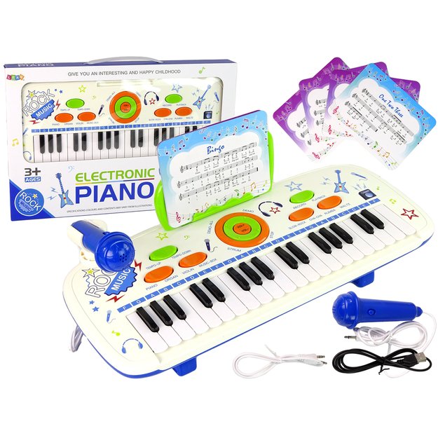 Elektrinis pianinas su mikrofonu Blue USB MP3, 37 klavišai, baltas