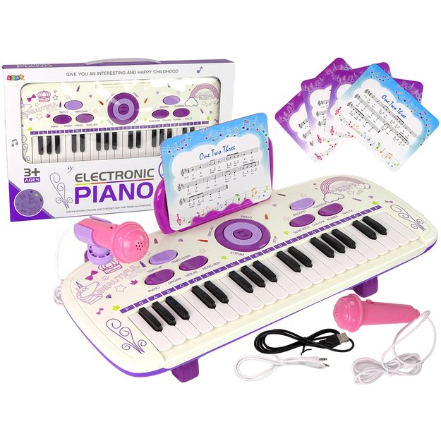 Elektrinis pianinas su mikrofonu Pink USB MP3, 37 klavišai, baltas